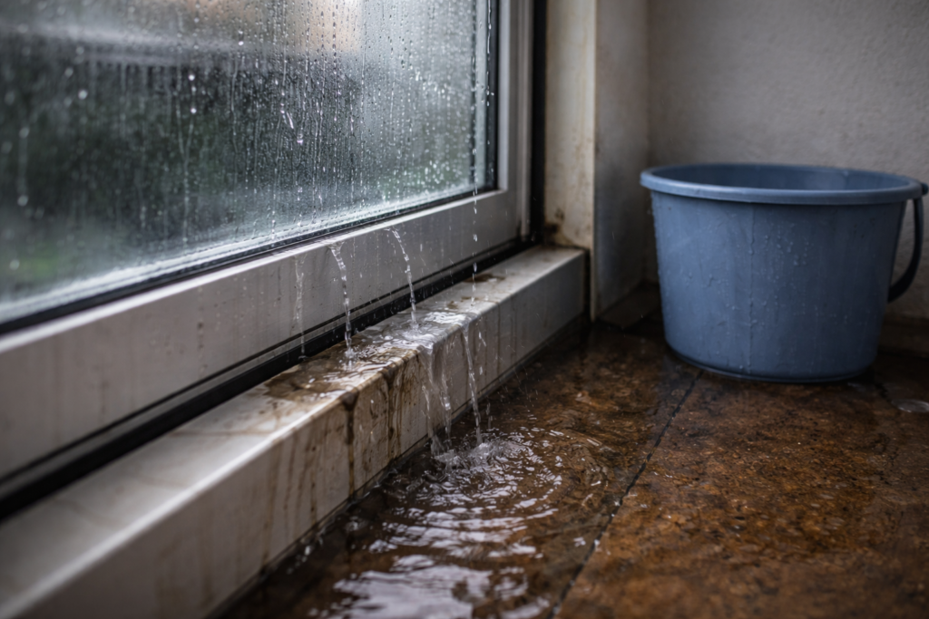 窓サッシから雨漏りしているイメージ図